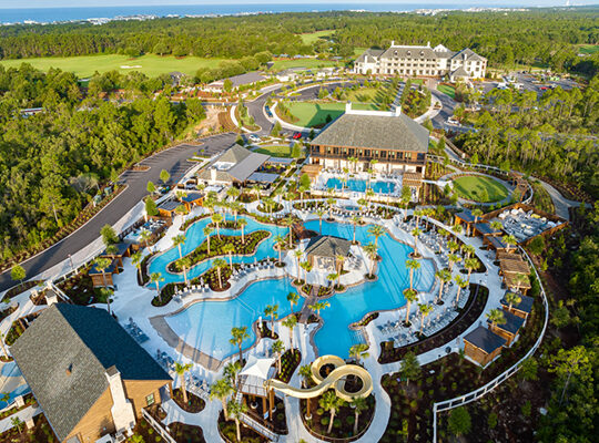Aerial view of the Watersound Club Camp Creek amenities and Camp Creek Inn and golf course